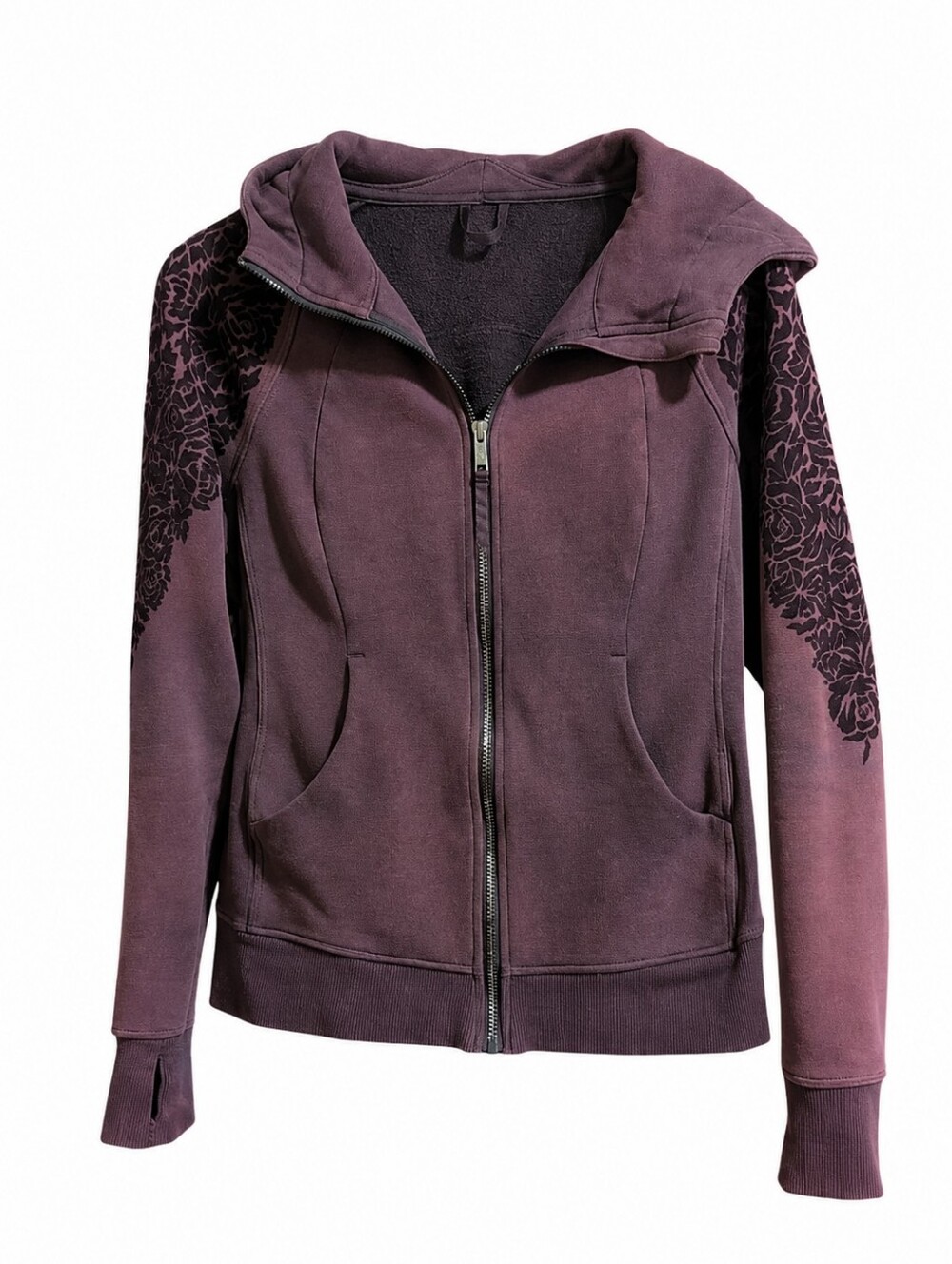Lululemon Women's Scuba Hoodie Jacket Size 6 Plum Floral Print Full Zip Thumbhol
